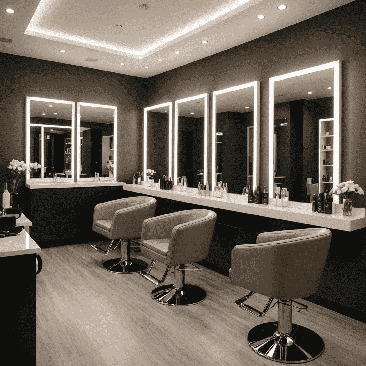 Interior of 1win Beauty Lounge, showcasing a modern and elegant salon space with comfortable styling chairs, sleek mirrors, and warm lighting. The image captures the essence of our commitment to providing a luxurious and welcoming environment for our clients.