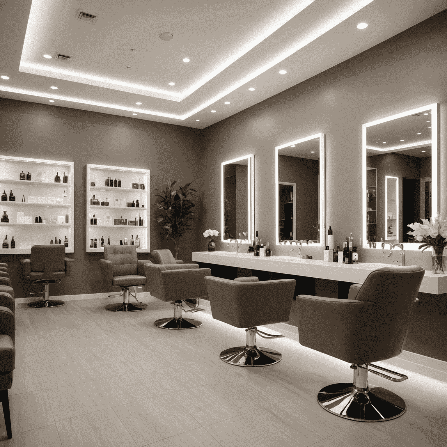 Interior of 1win Beauty Lounge, showcasing a modern and elegant salon space with comfortable styling chairs, warm lighting, and a calming color scheme of whites and soft browns. The image displays the salon's attention to detail in its design and layout, emphasizing a clean and welcoming atmosphere.