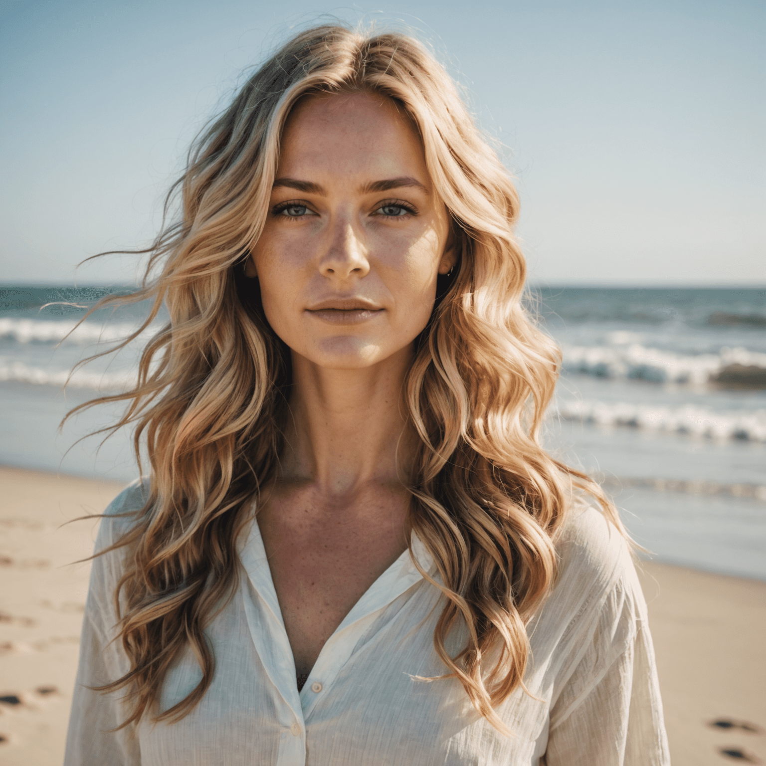 A woman with long, tousled blonde hair styled in loose, beachy waves, standing on a sunny beach