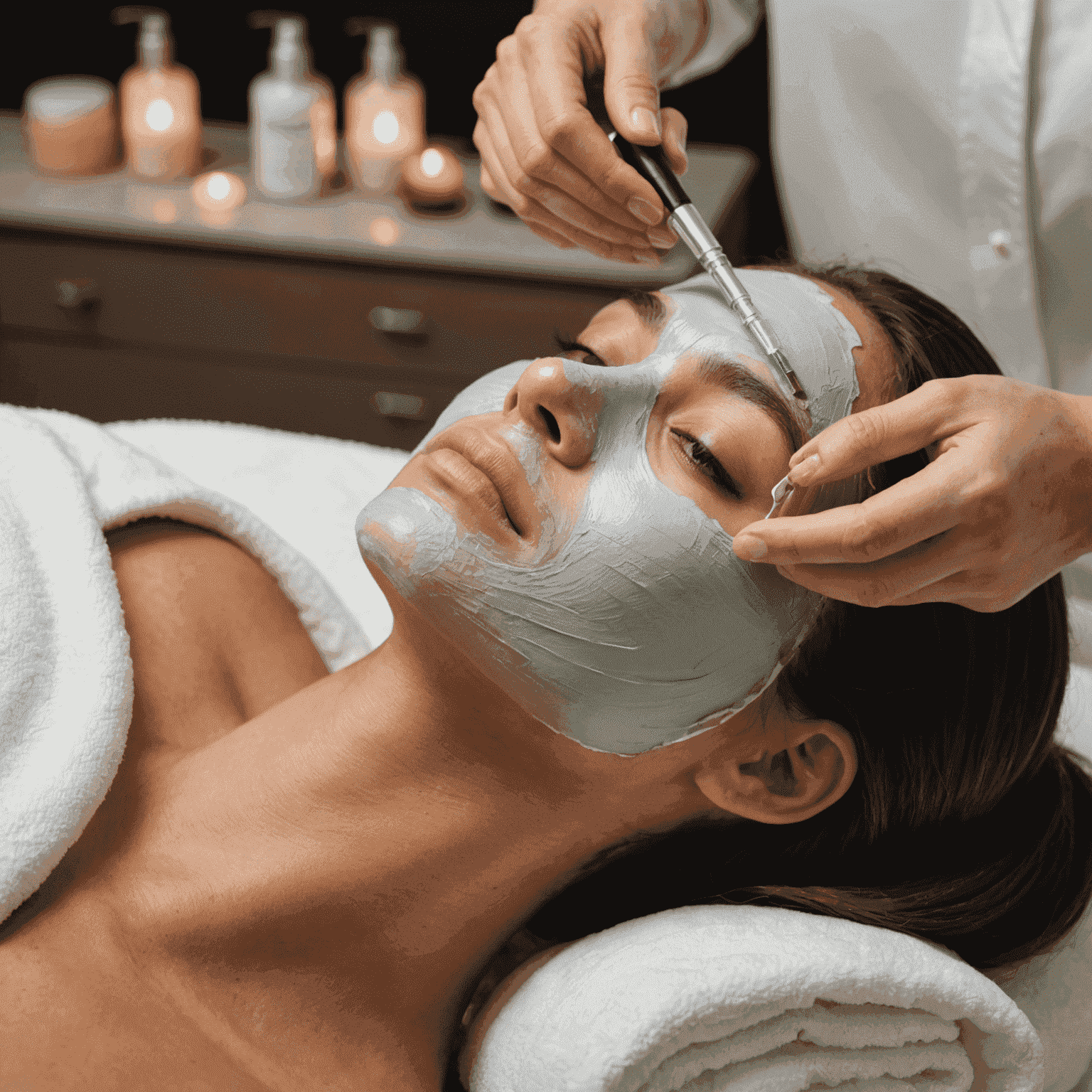 A woman receiving a facial treatment, her skin glowing as an esthetician applies a mask