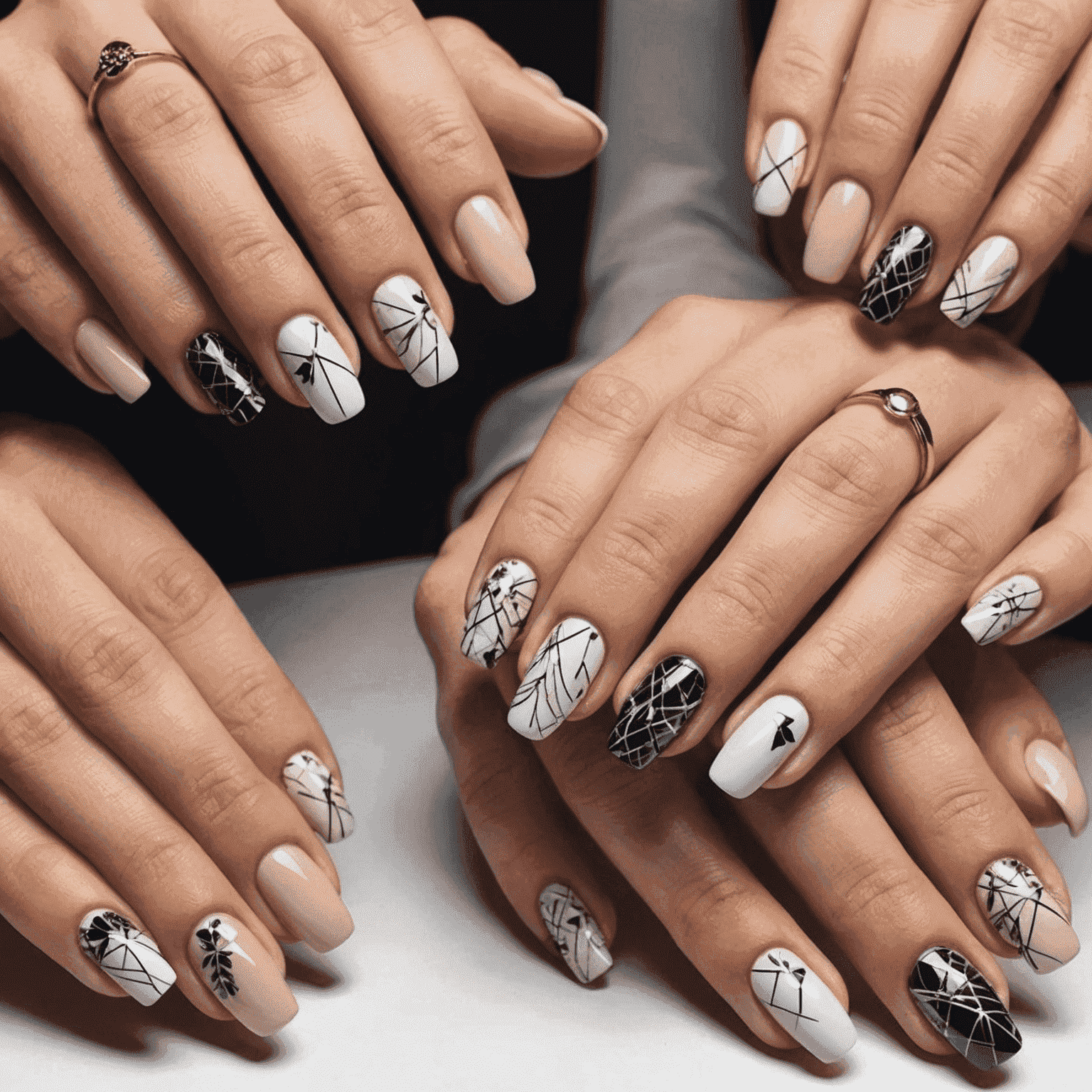 A collage of various trendy nail art designs, including geometric patterns, floral motifs, and minimalist designs on well-manicured nails