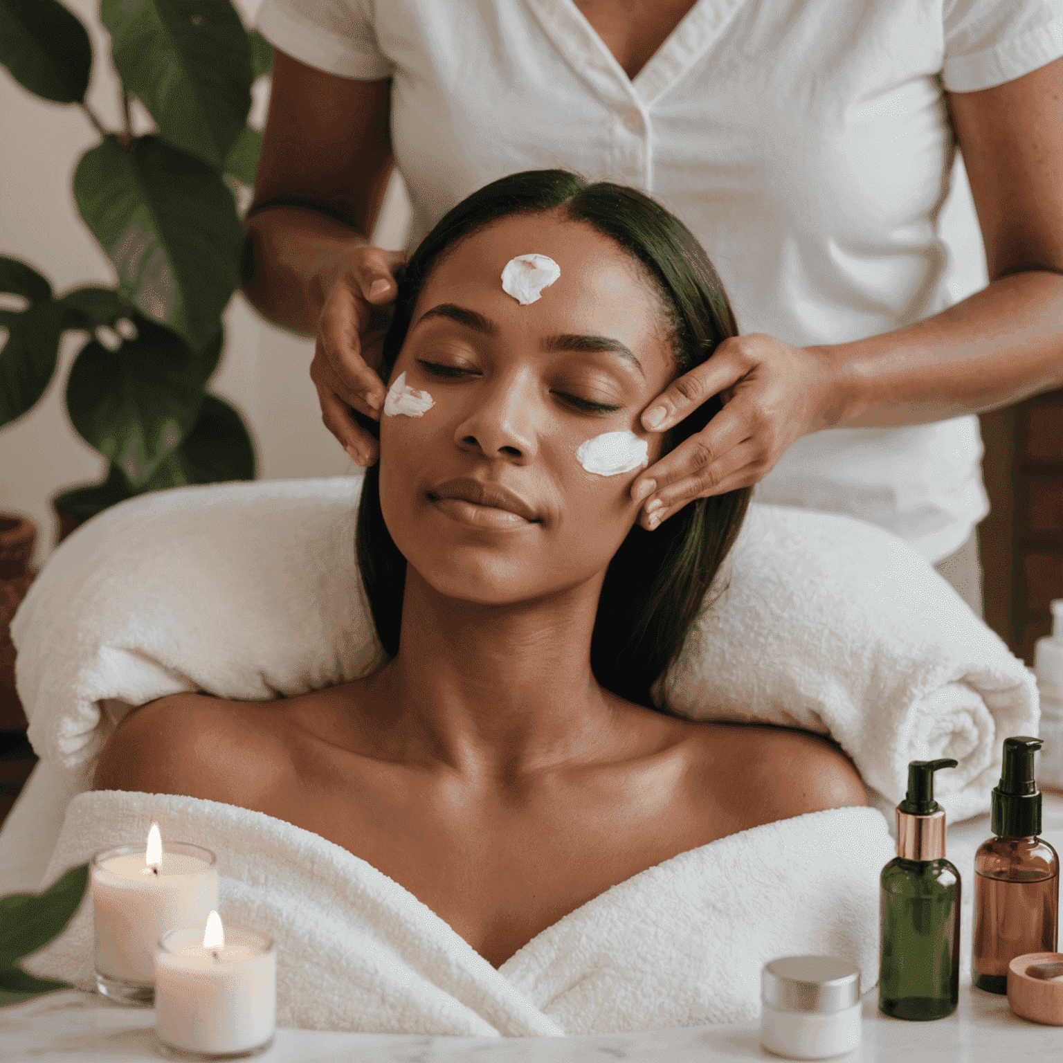 A woman performing a facial massage on herself in a serene home setting, surrounded by various skincare products