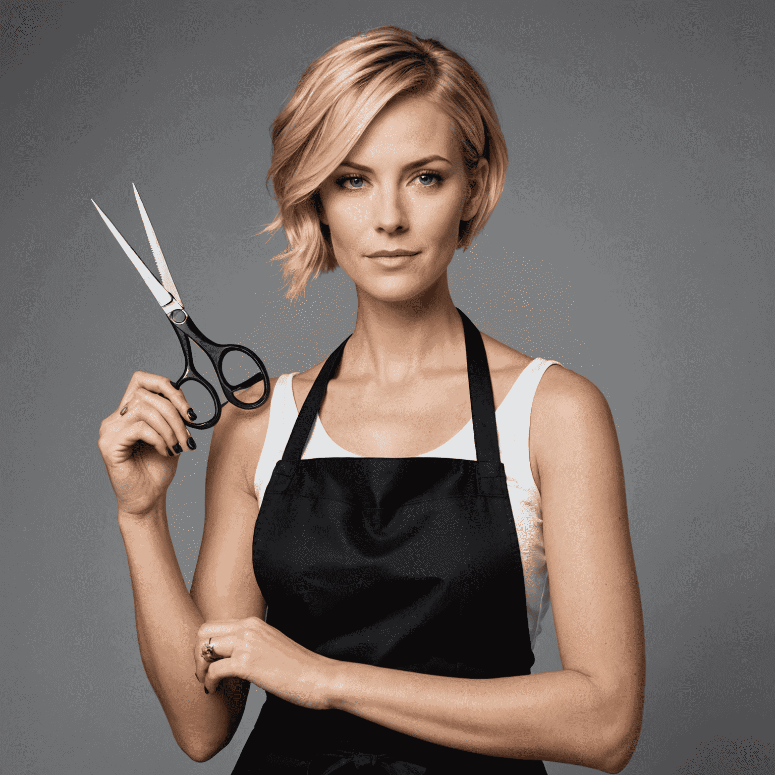 Sarah Johnson, Lead Stylist at 1win Beauty Lounge. A woman in her early 30s with stylish short blonde hair, wearing a black apron and holding professional hair scissors.