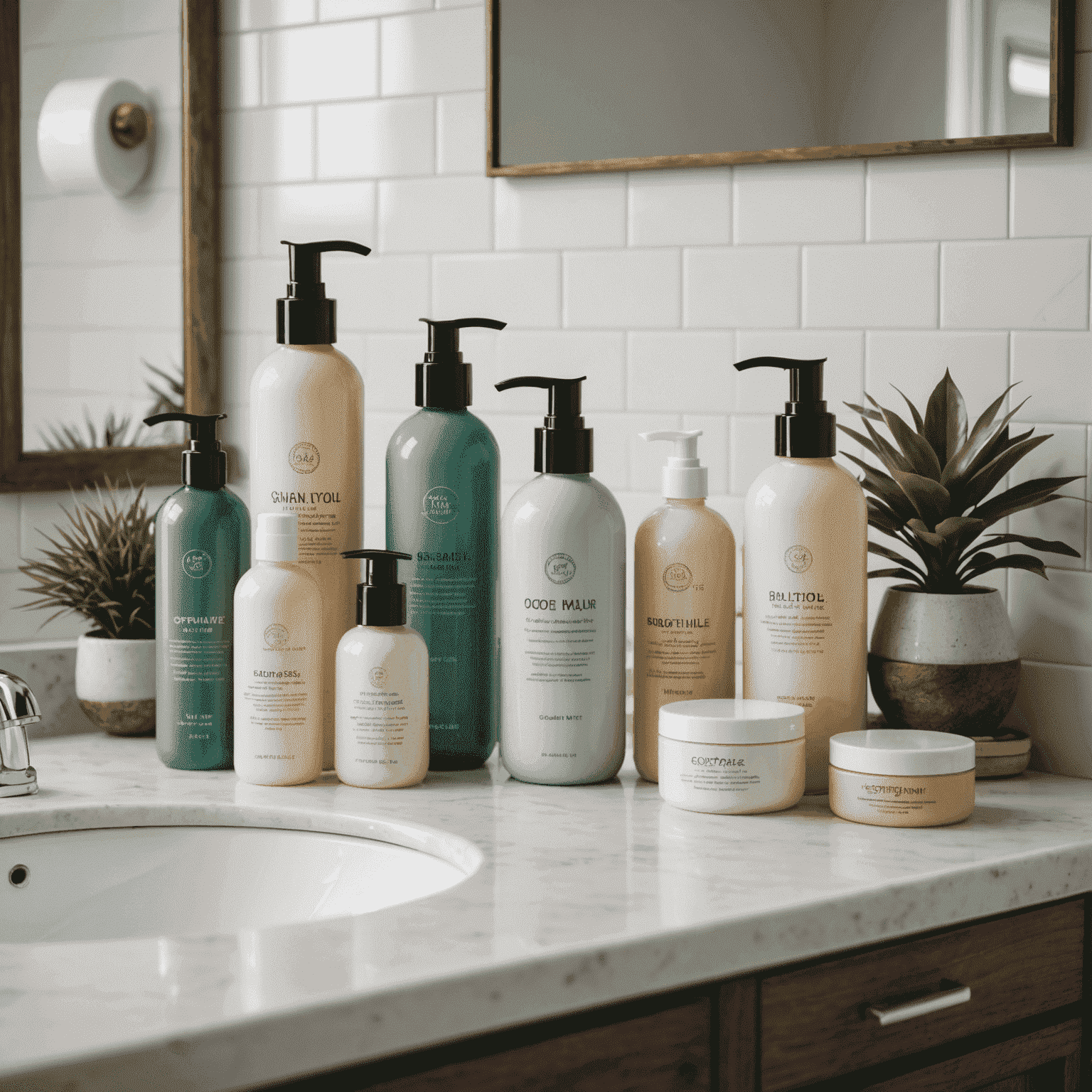 A collection of high-quality hair care products arranged on a bathroom counter, including shampoo, conditioner, and hair masks