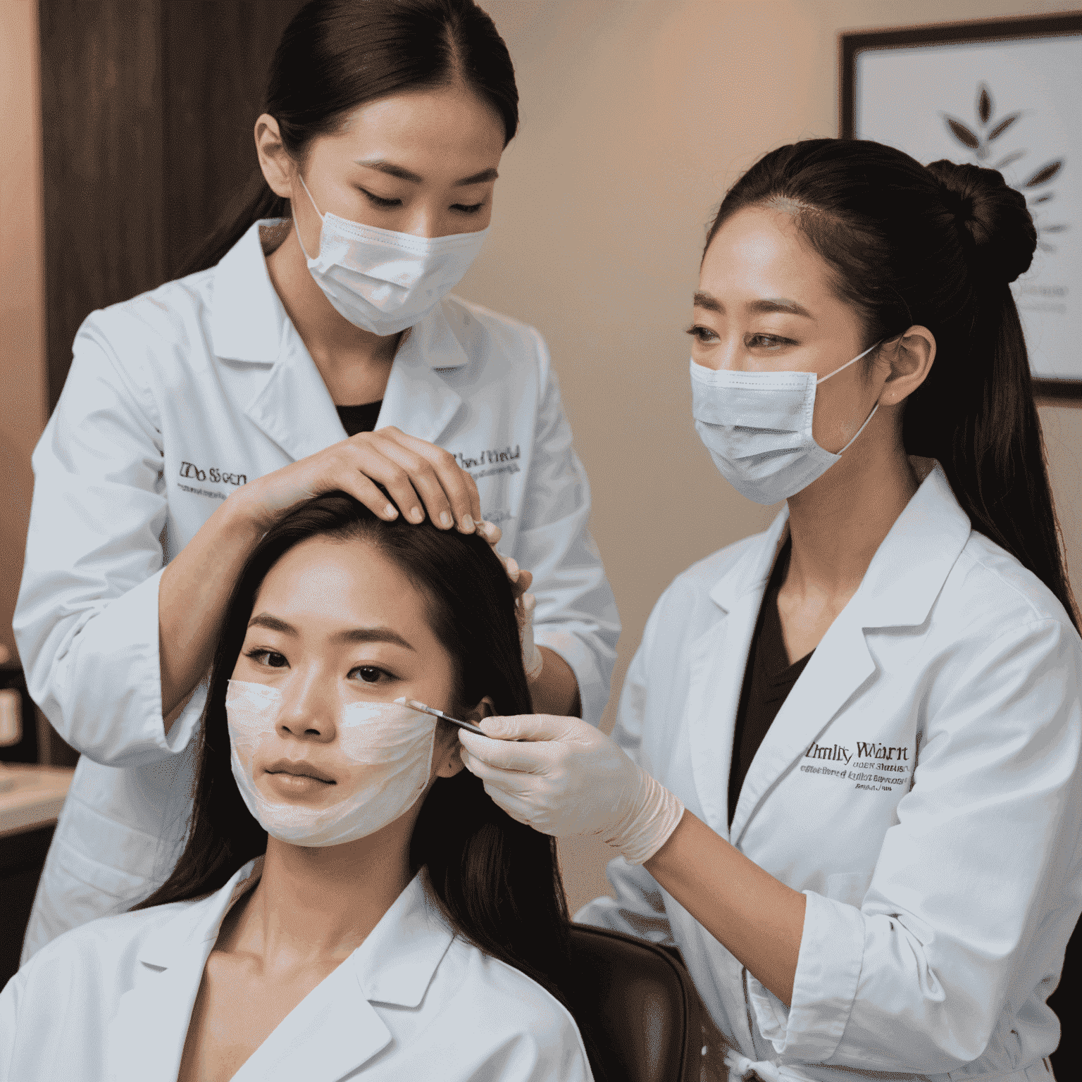 Emily Chen, Senior Esthetician at 1win Beauty Lounge. An Asian woman in her late 20s with long black hair tied back, wearing a white esthetician's coat and applying a facial mask to a client.