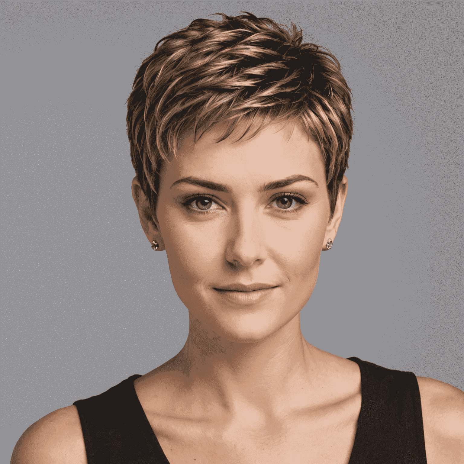 A woman with a short, textured pixie cut, styled with volume on top and tapered sides, looking fresh and modern