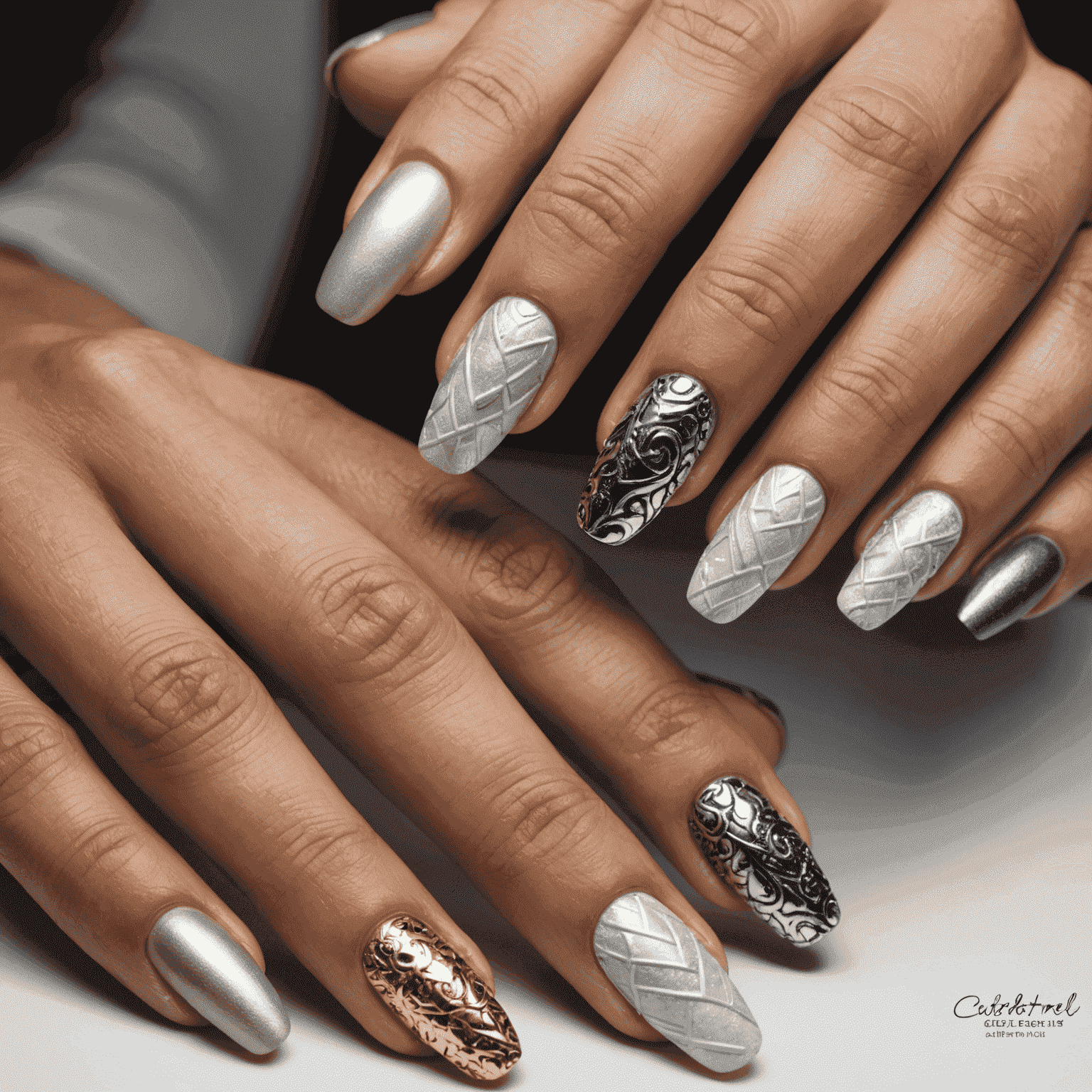 Close-up of hands showcasing various textured nail finishes, including matte, metallic, and 3D designs