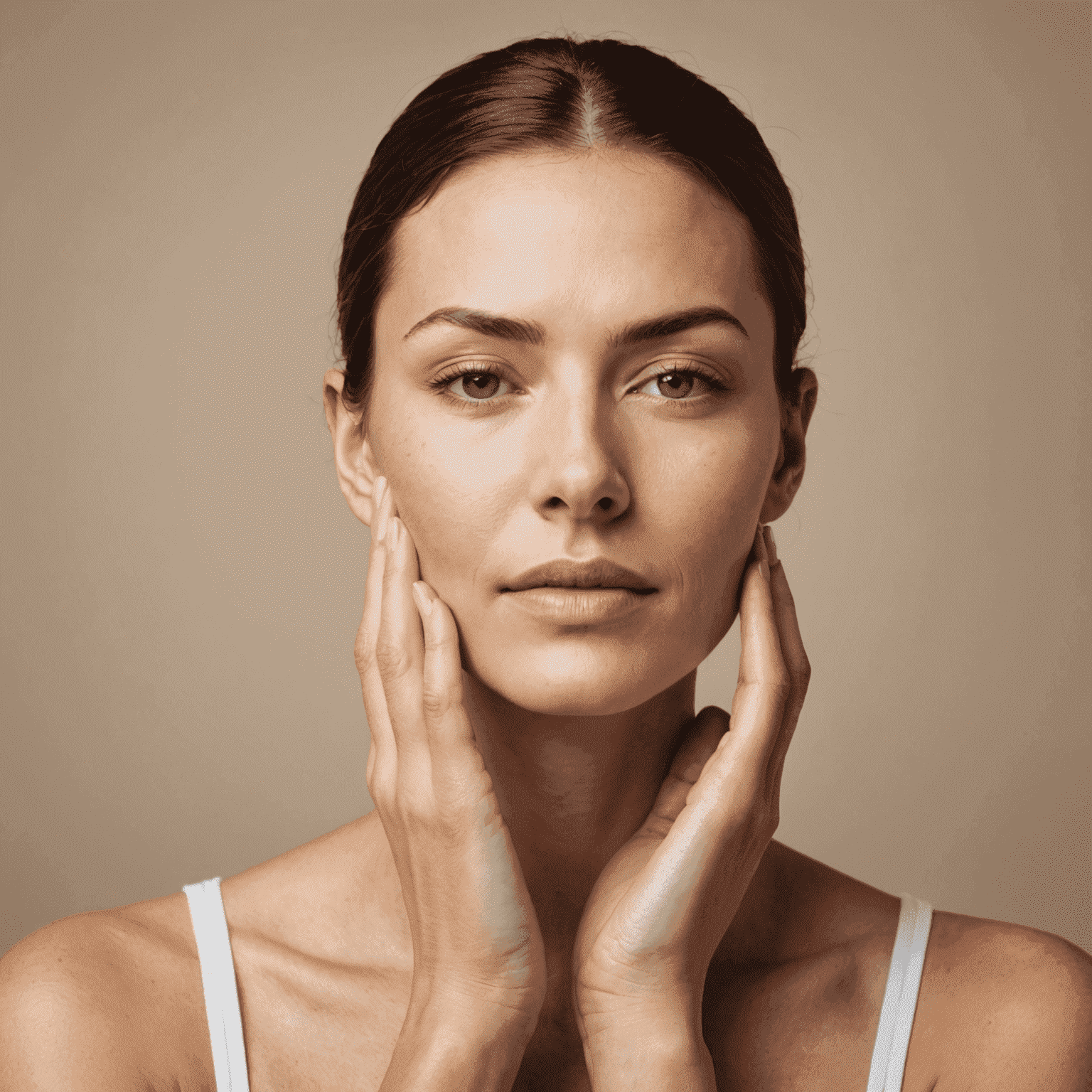 A woman demonstrating facial massage techniques on herself, focusing on key areas like cheekbones and jawline