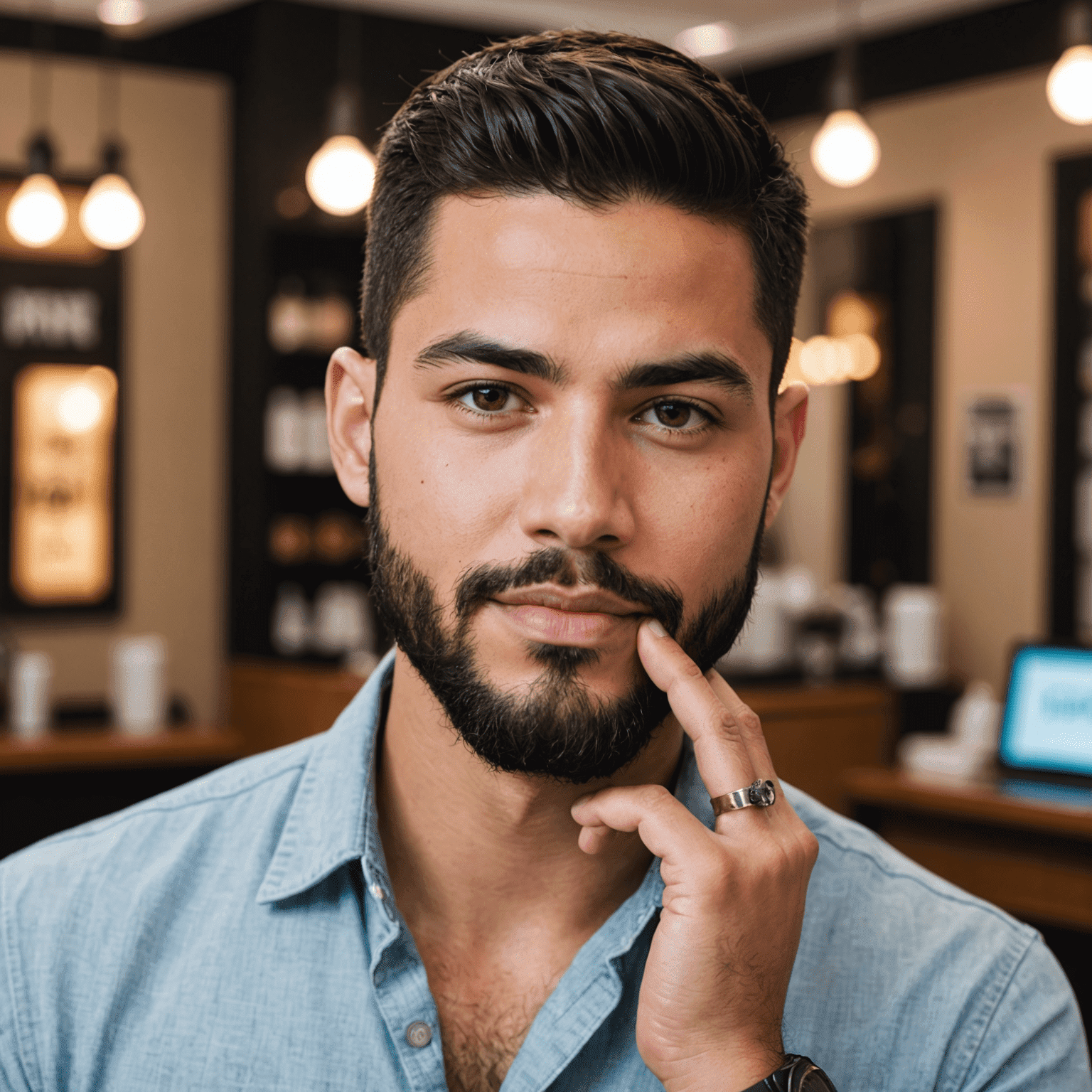 Michael Torres, Nail Art Specialist at 1win Beauty Lounge. A man in his mid-20s with short dark hair and a well-groomed beard, focusing on intricate nail art design.