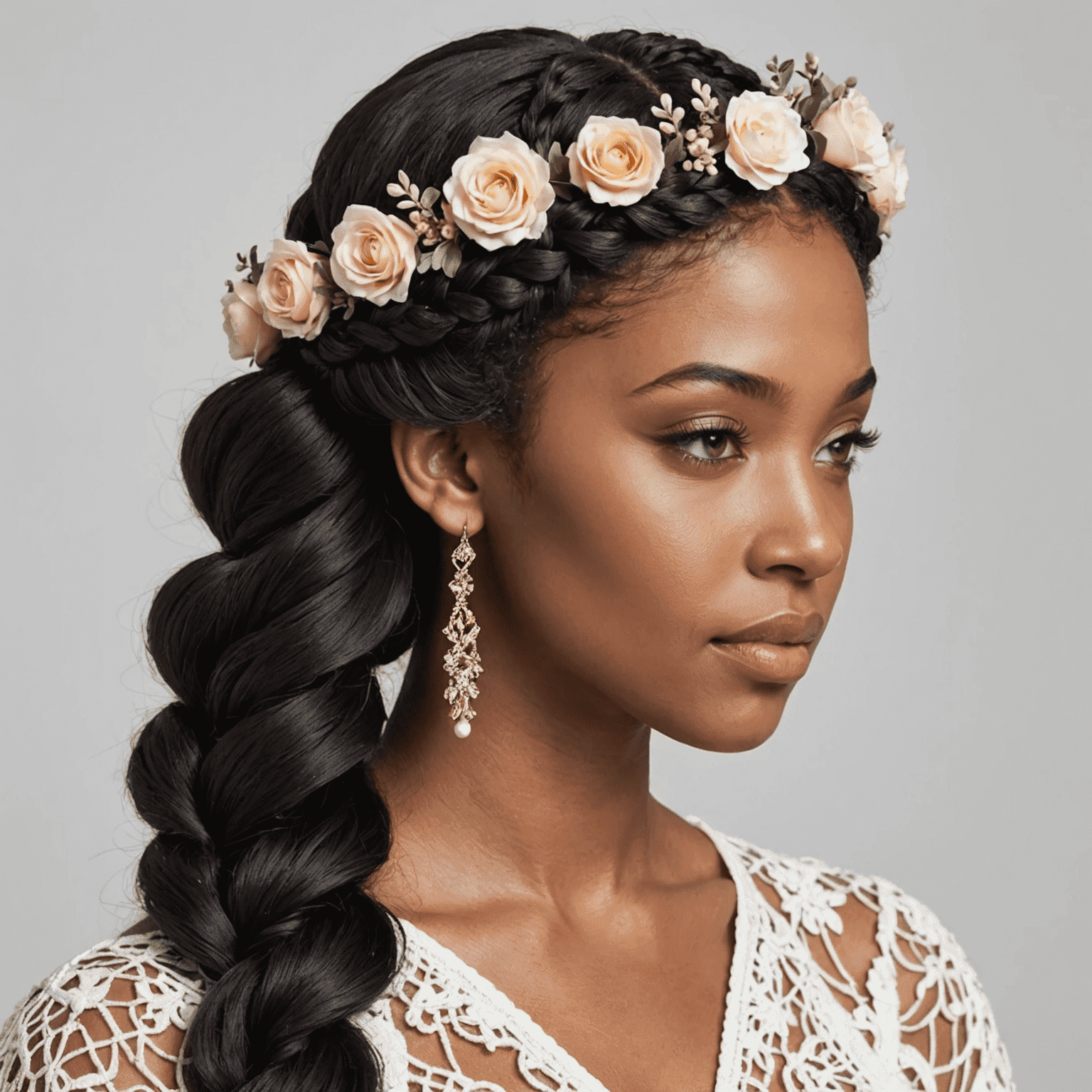 A woman with a intricate braided crown hairstyle, incorporating flowers or small accessories, perfect for summer events