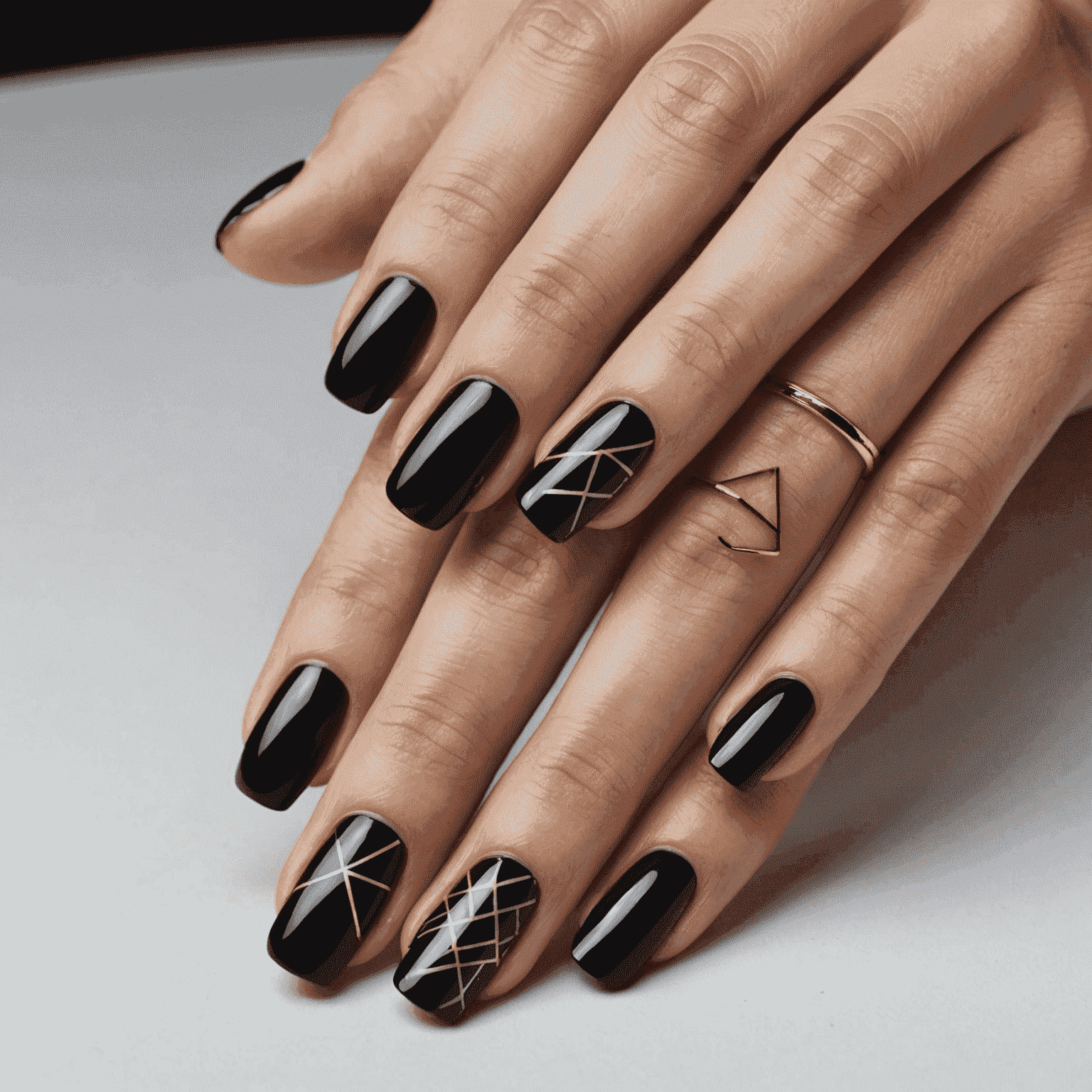 Close-up of hands with negative space nail art, featuring geometric shapes in black polish on a clear base