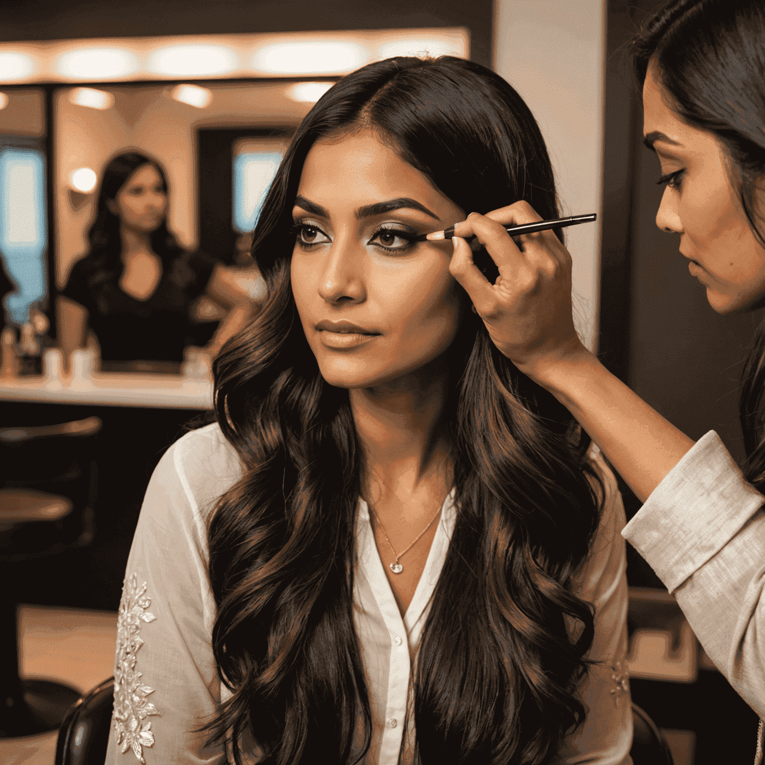 Olivia Patel, Makeup Artist at 1win Beauty Lounge. A woman of Indian descent in her early 30s with long, wavy hair, applying eyeshadow to a client.