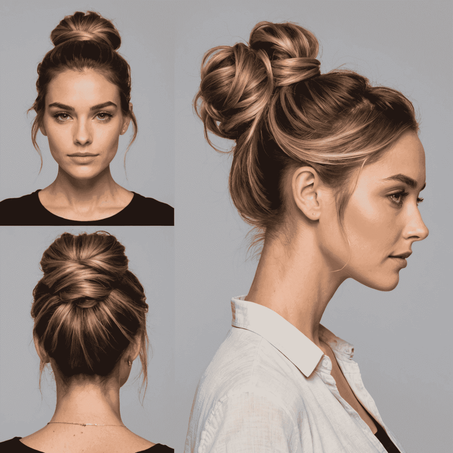 A woman with a casual messy bun hairstyle, featuring loose face-framing pieces, giving a relaxed yet put-together appearance