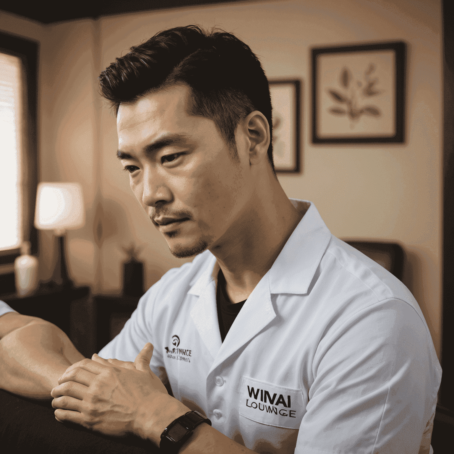 David Lee, Massage Therapist at 1win Beauty Lounge. A man in his late 30s with short black hair, wearing a massage therapist uniform and demonstrating a shoulder massage technique.